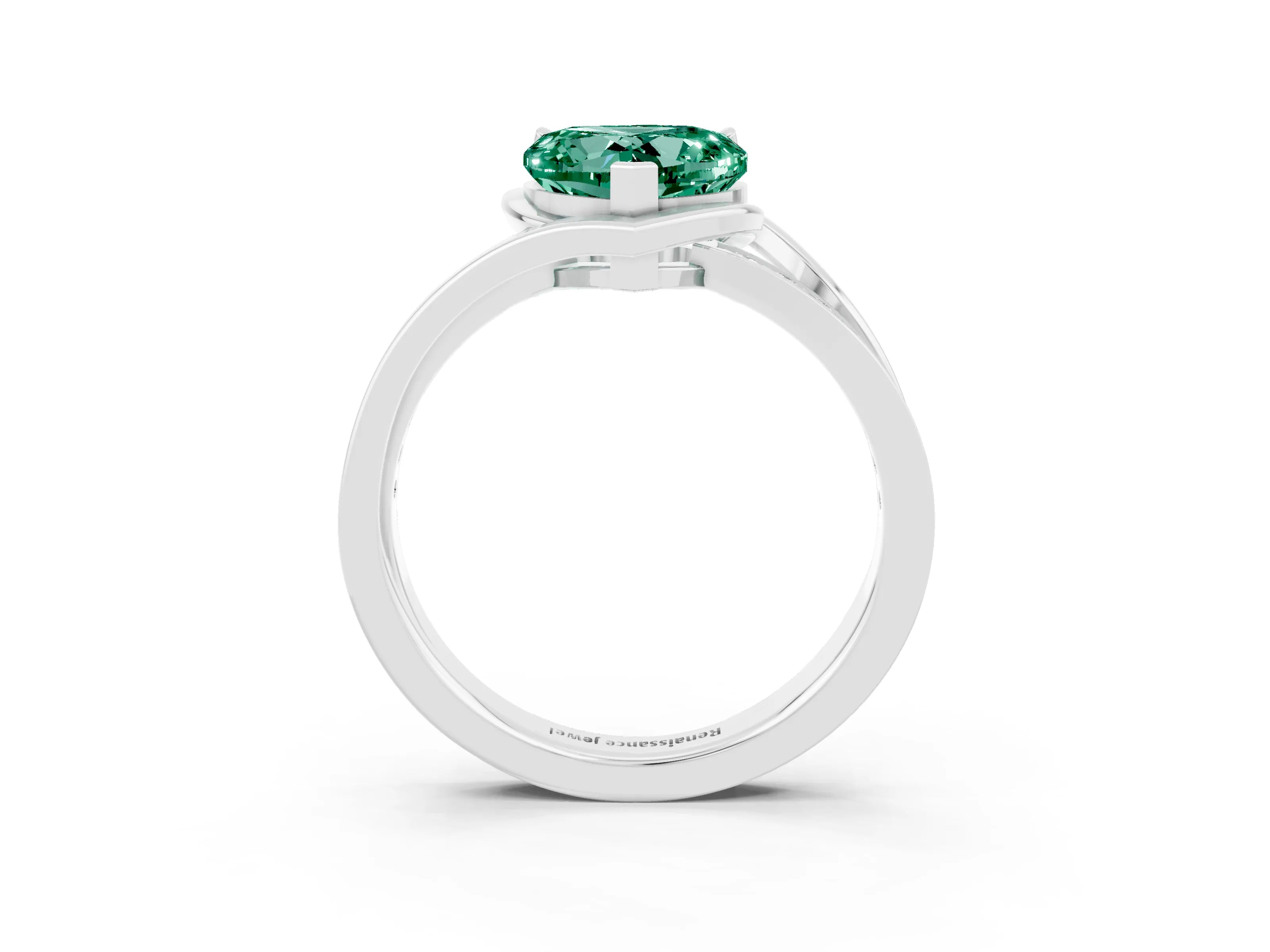 White gold Heart Cut Green Sapphire Solitaire Ring with Split Shank and Prong Setting_3