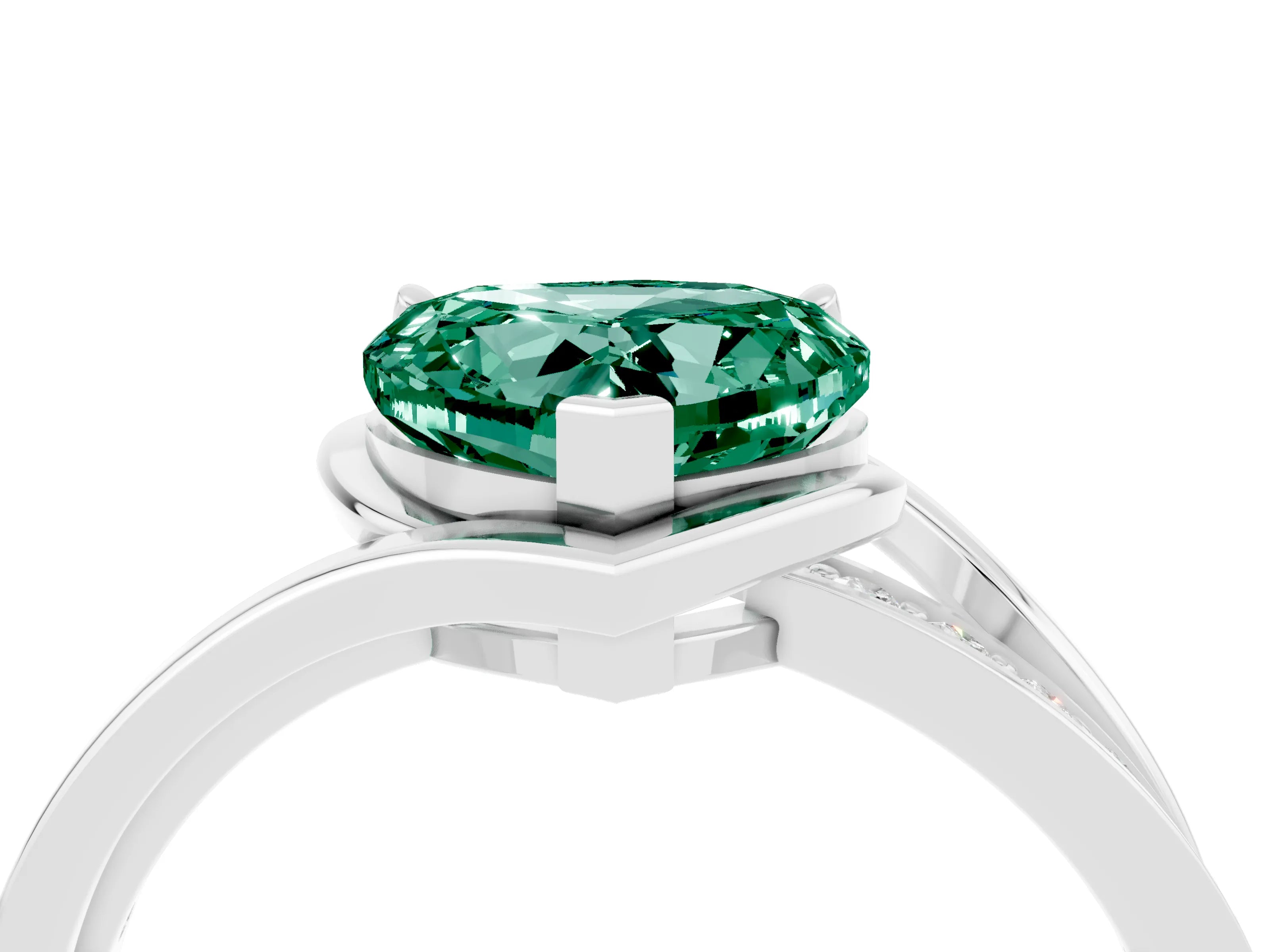 White gold Heart Cut Green Sapphire Solitaire Ring with Split Shank and Prong Setting_4