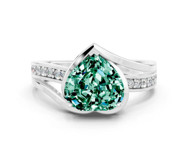 White gold Heart Cut Green Sapphire Solitaire Ring with Split Shank and Prong Setting