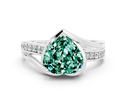 White gold Heart Cut Green Sapphire Solitaire Ring with Split Shank and Prong Setting