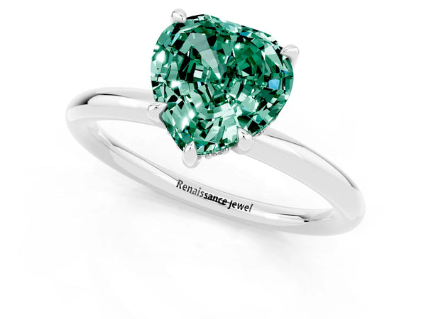 Platinum Heart Cut Green Sapphire Solitaire Ring with Thin Band and Four-Prong Setting