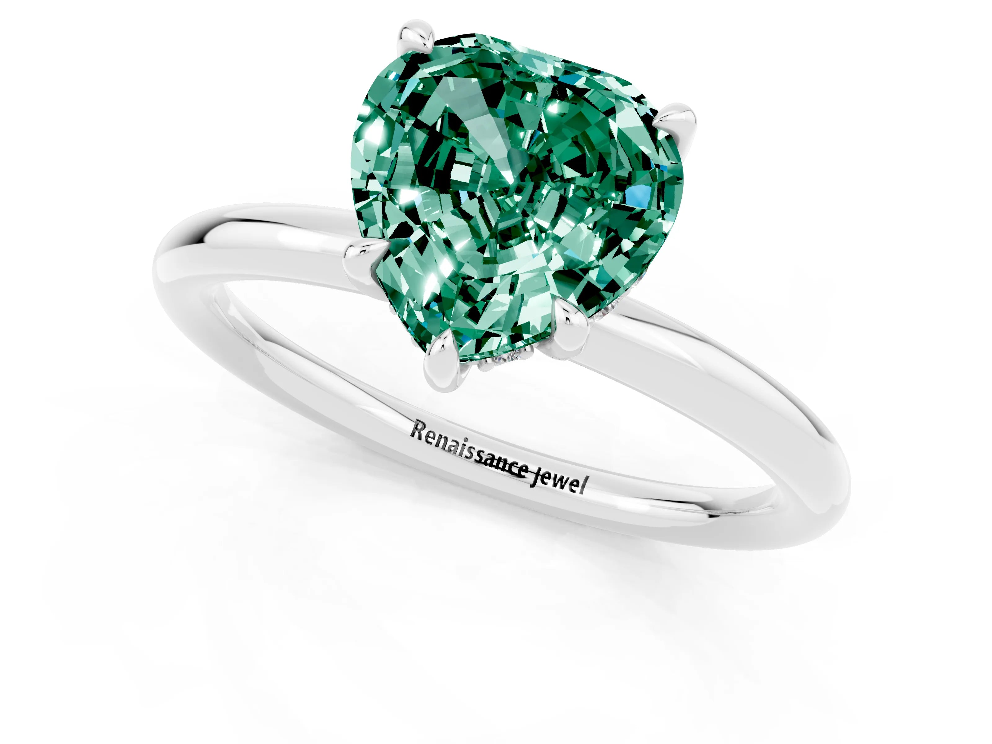 White gold Heart Cut Green Sapphire Solitaire Ring with Thin Band and Four-Prong Setting_1