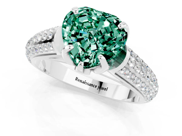 Silver Heart Cut Green Sapphire Solitaire Ring with Three-Row Pavé Band and Four-Prong Setting