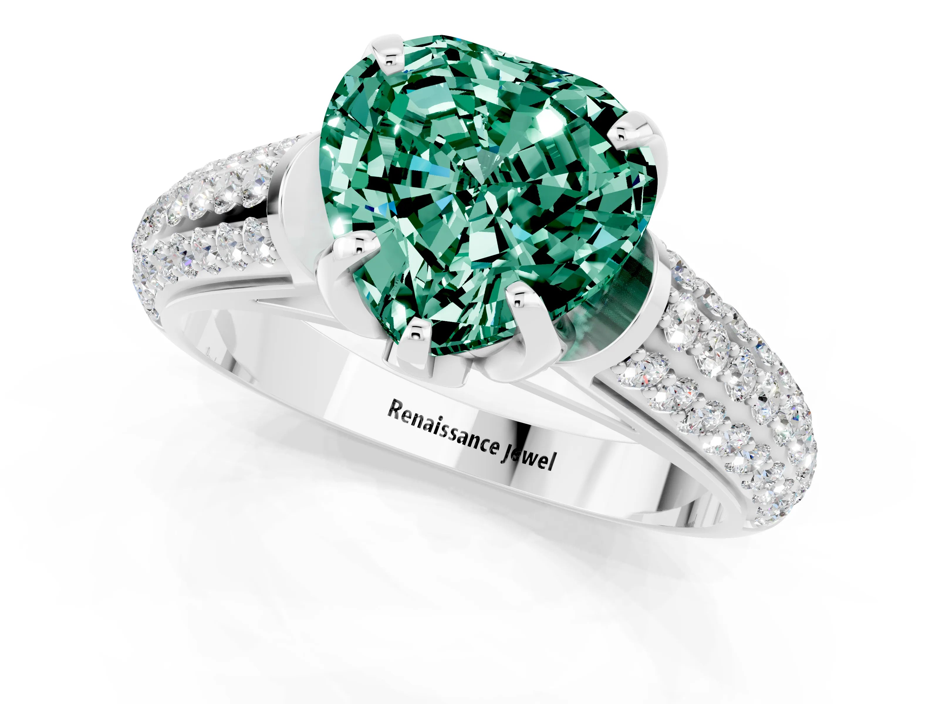White gold Heart Cut Green Sapphire Solitaire Ring with Three-Row Pavé Band and Four-Prong Setting_13