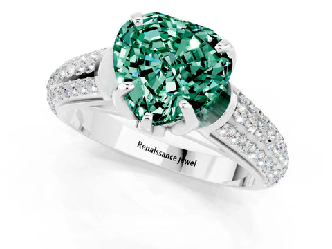 White gold Heart Cut Green Sapphire Solitaire Ring with Three-Row Pavé Band and Four-Prong Setting_13
