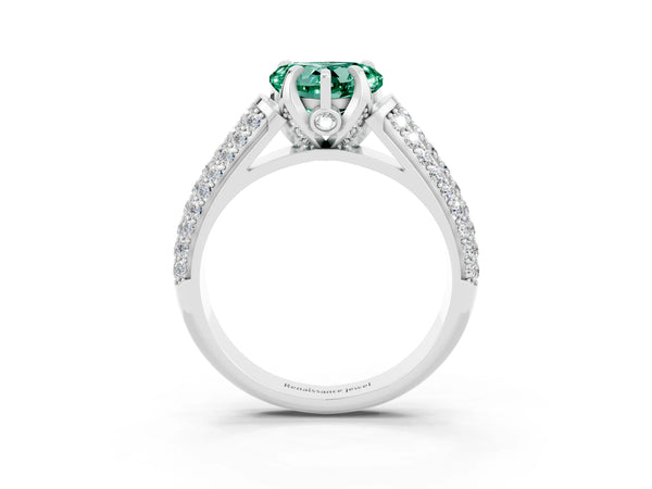 Silver Heart Cut Green Sapphire Solitaire Ring with Three-Row Pavé Band and Four-Prong Setting