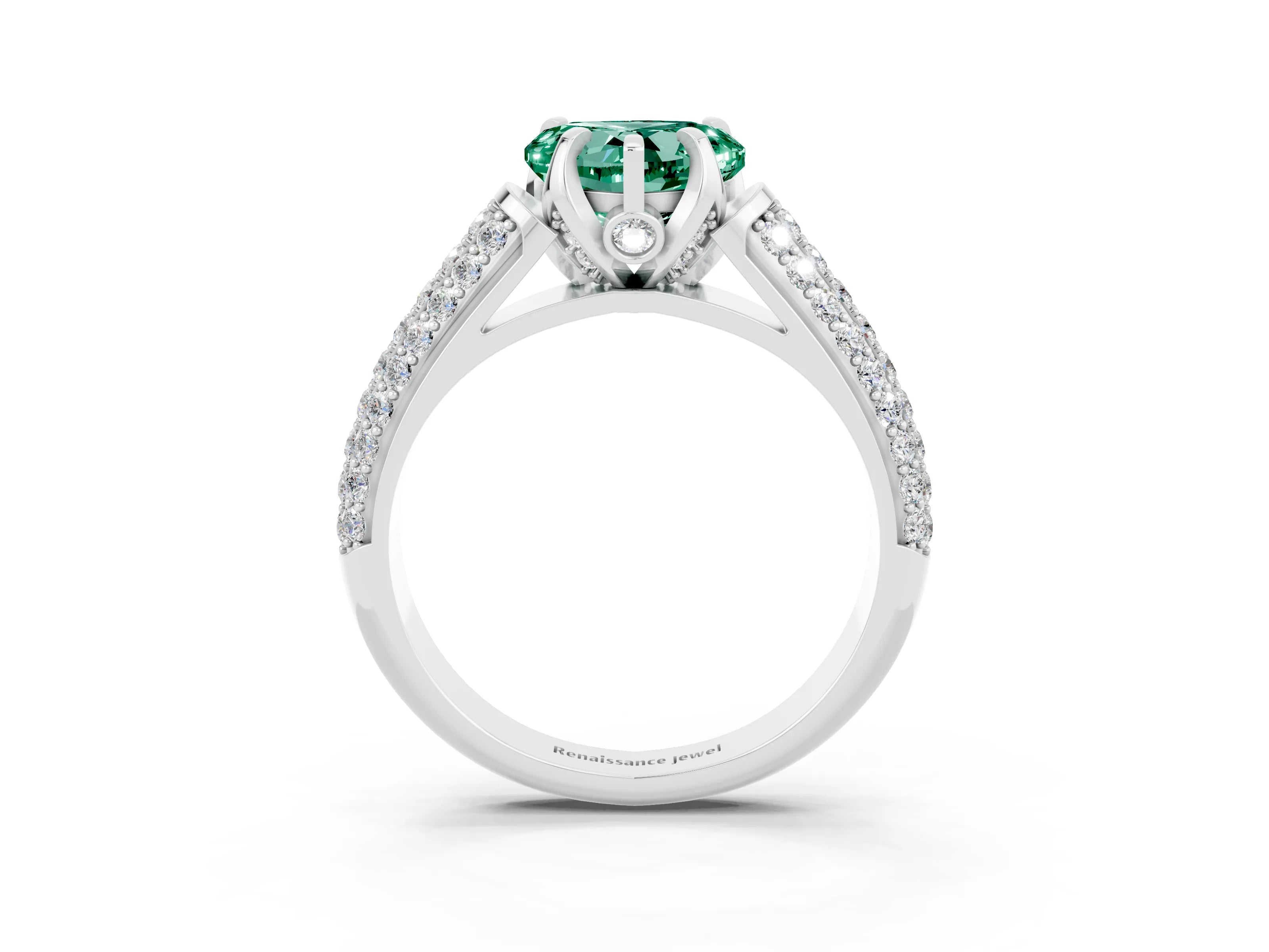White gold Heart Cut Green Sapphire Solitaire Ring with Three-Row Pavé Band and Four-Prong Setting_15