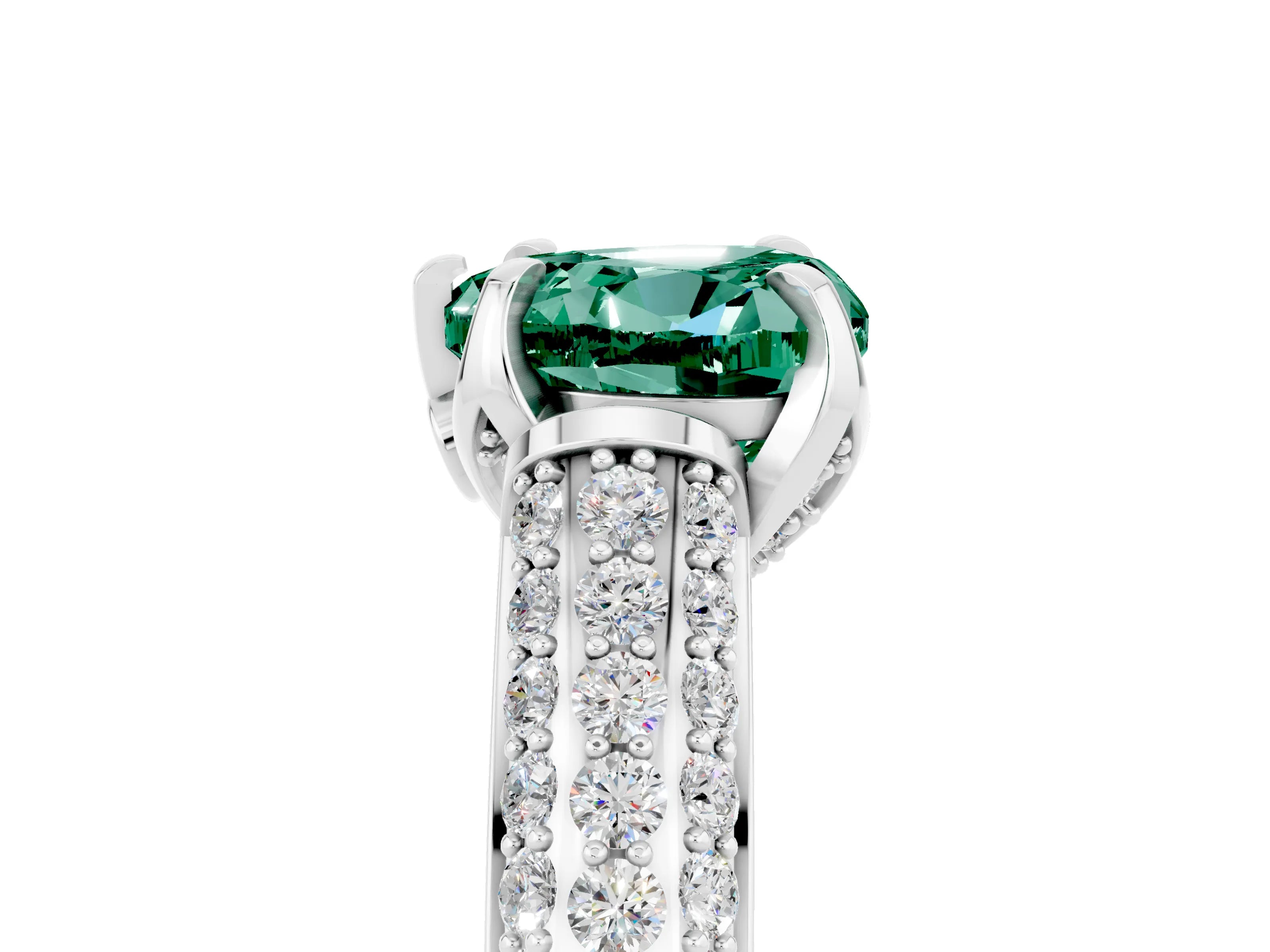 White gold Heart Cut Green Sapphire Solitaire Ring with Three-Row Pavé Band and Four-Prong Setting_17