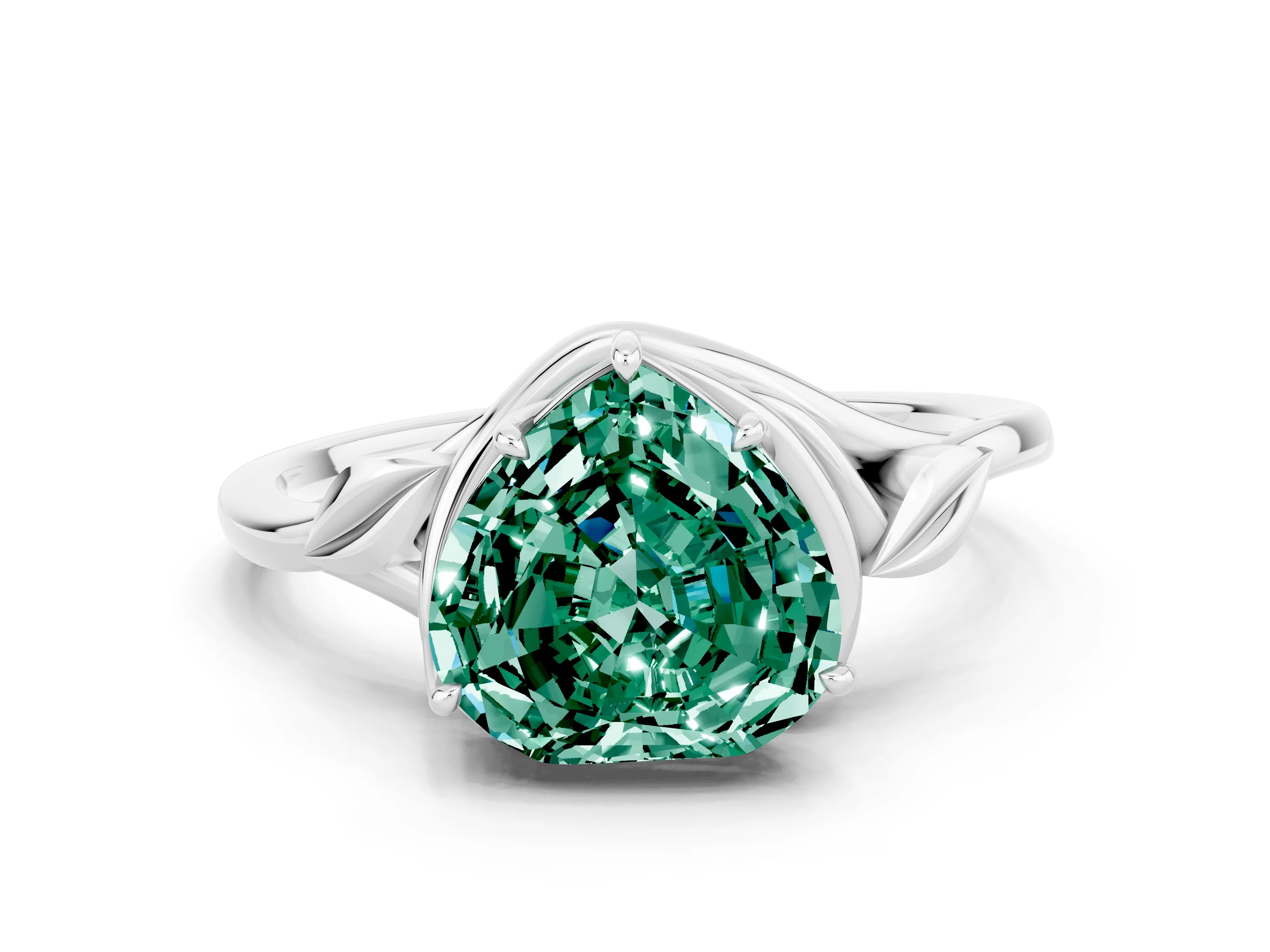White gold Heart Cut Green Sapphire Solitaire Ring with Twist Band and Four-Prong Setting_12