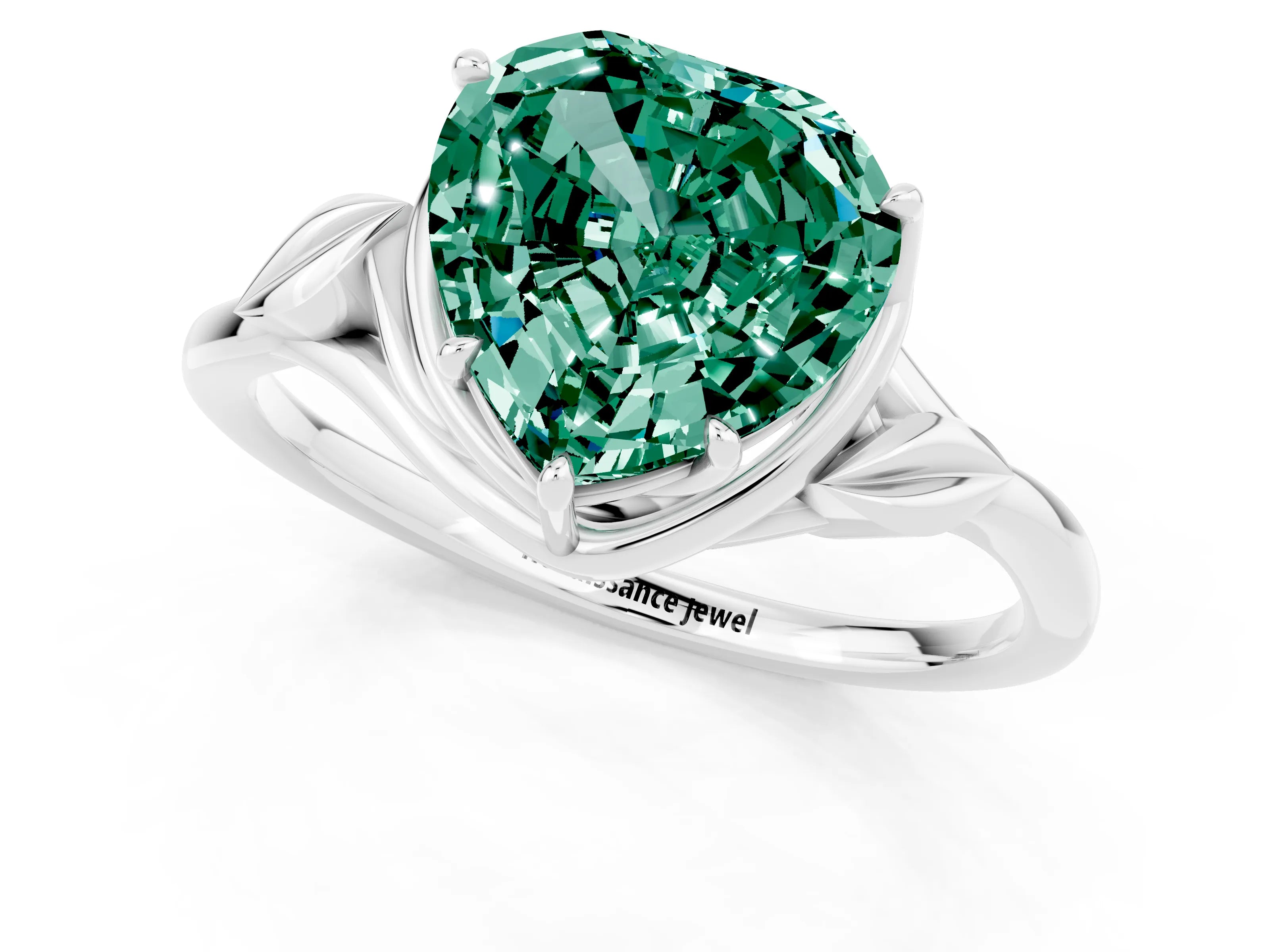 White gold Heart Cut Green Sapphire Solitaire Ring with Twist Band and Four-Prong Setting_13