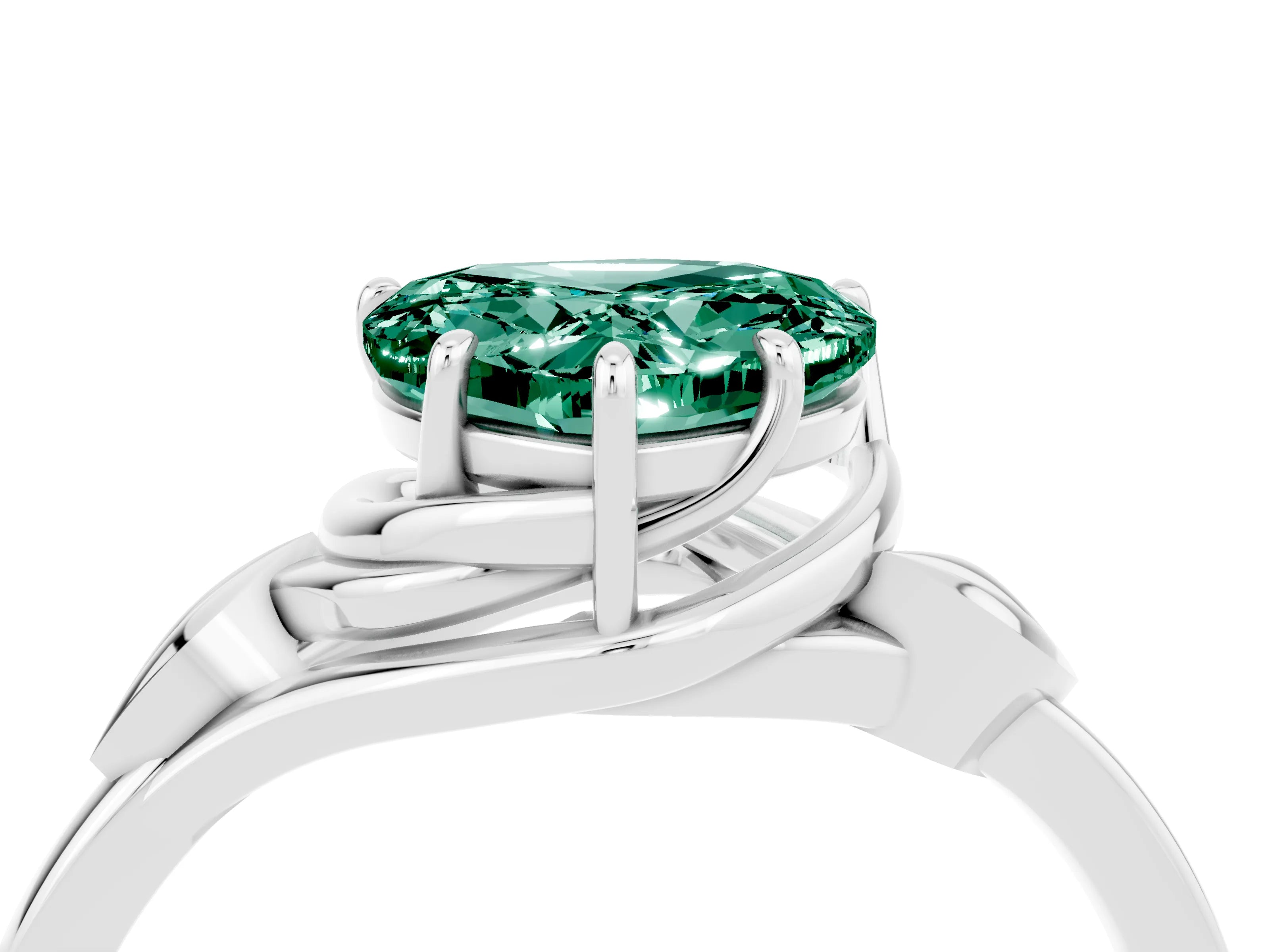 White gold Heart Cut Green Sapphire Solitaire Ring with Twist Band and Four-Prong Setting_16