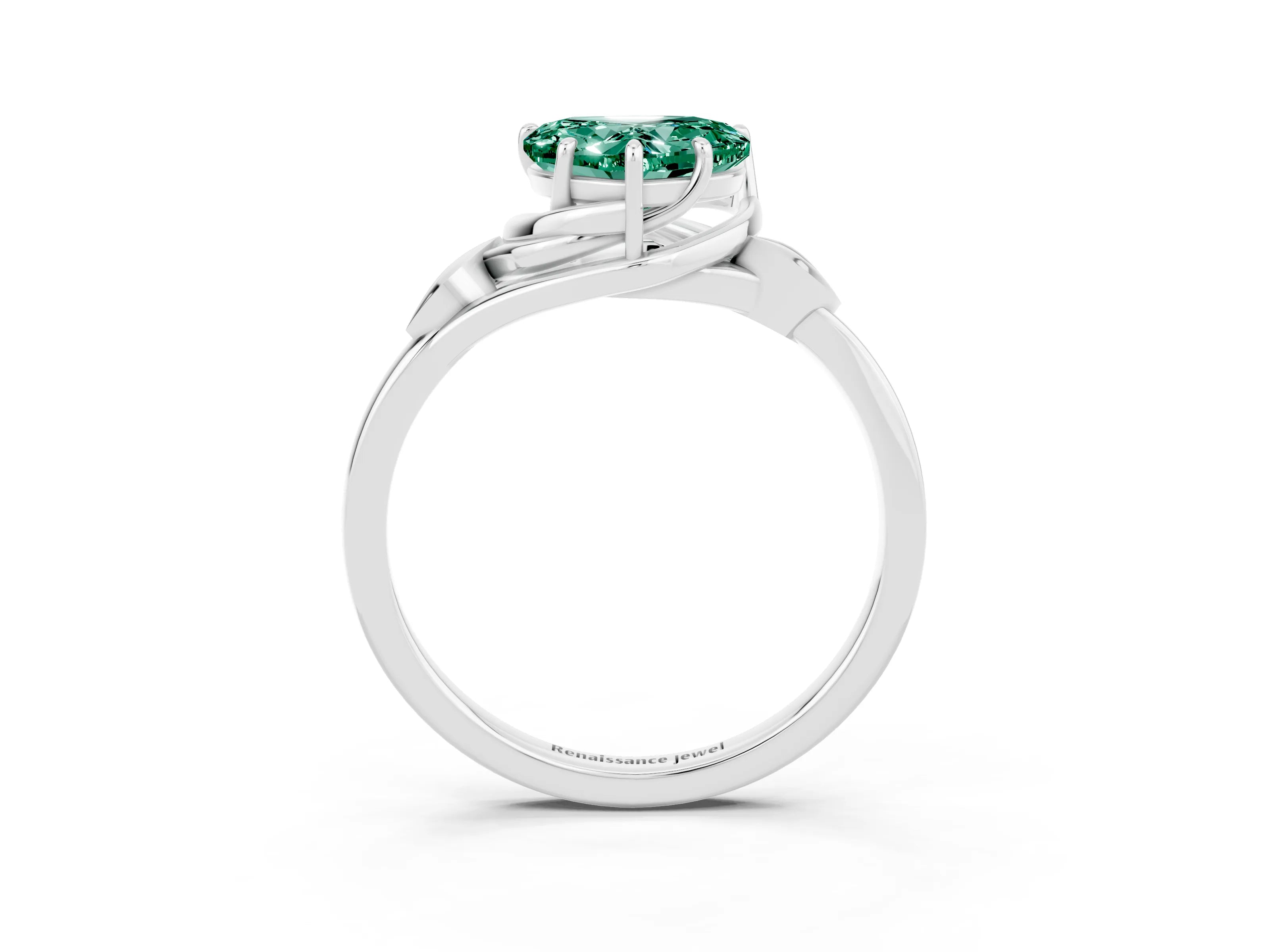 White gold Heart Cut Green Sapphire Solitaire Ring with Twist Band and Four-Prong Setting_26