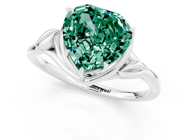 Platinum Heart Cut Green Sapphire Solitaire Ring with Twist Band and Four-Prong Setting