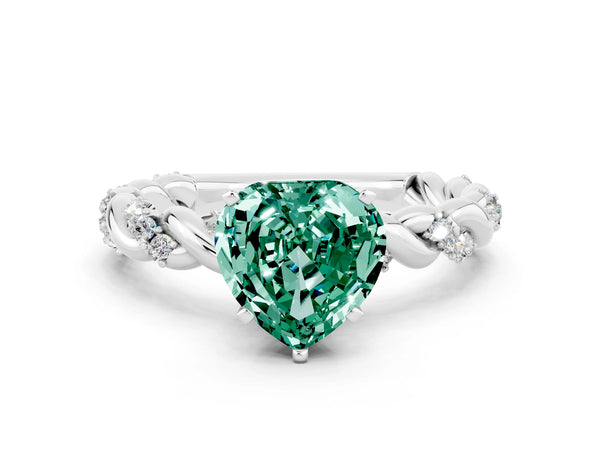 White gold Heart Cut Green Sapphire Solitaire Ring with Twisted Band and Pavé Accents
