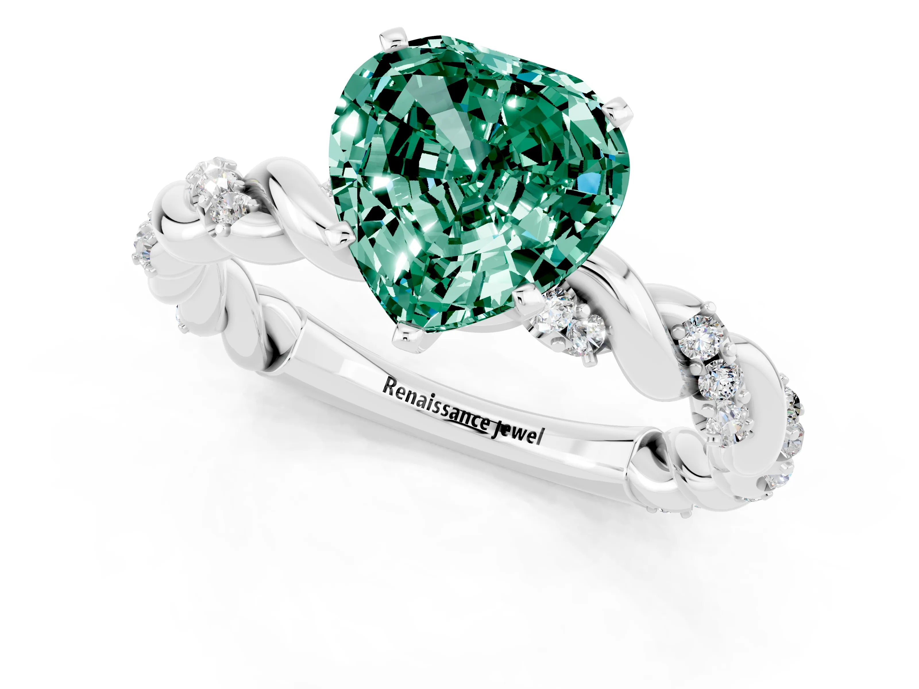 White gold Heart Cut Green Sapphire Solitaire Ring with Twisted Band and Pavé Accents_1