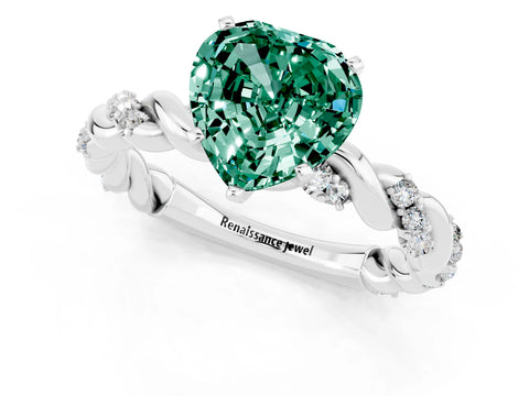 White gold Heart Cut Green Sapphire Solitaire Ring with Twisted Band and Pavé Accents_1