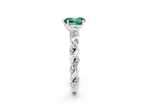White gold Heart Cut Green Sapphire Solitaire Ring with Twisted Band and Pavé Accents_2