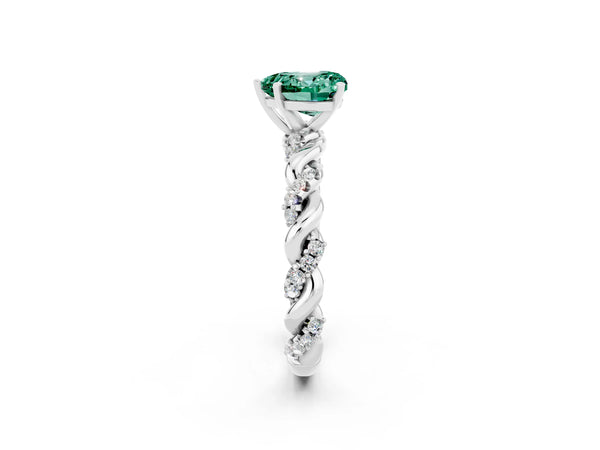 White gold Heart Cut Green Sapphire Solitaire Ring with Twisted Band and Pavé Accents