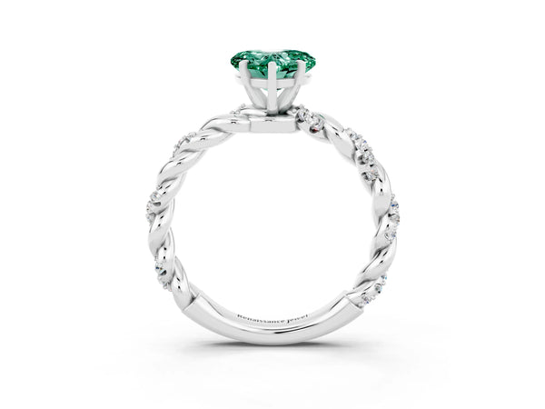 Silver Heart Cut Green Sapphire Solitaire Ring with Twisted Band and Pavé Accents