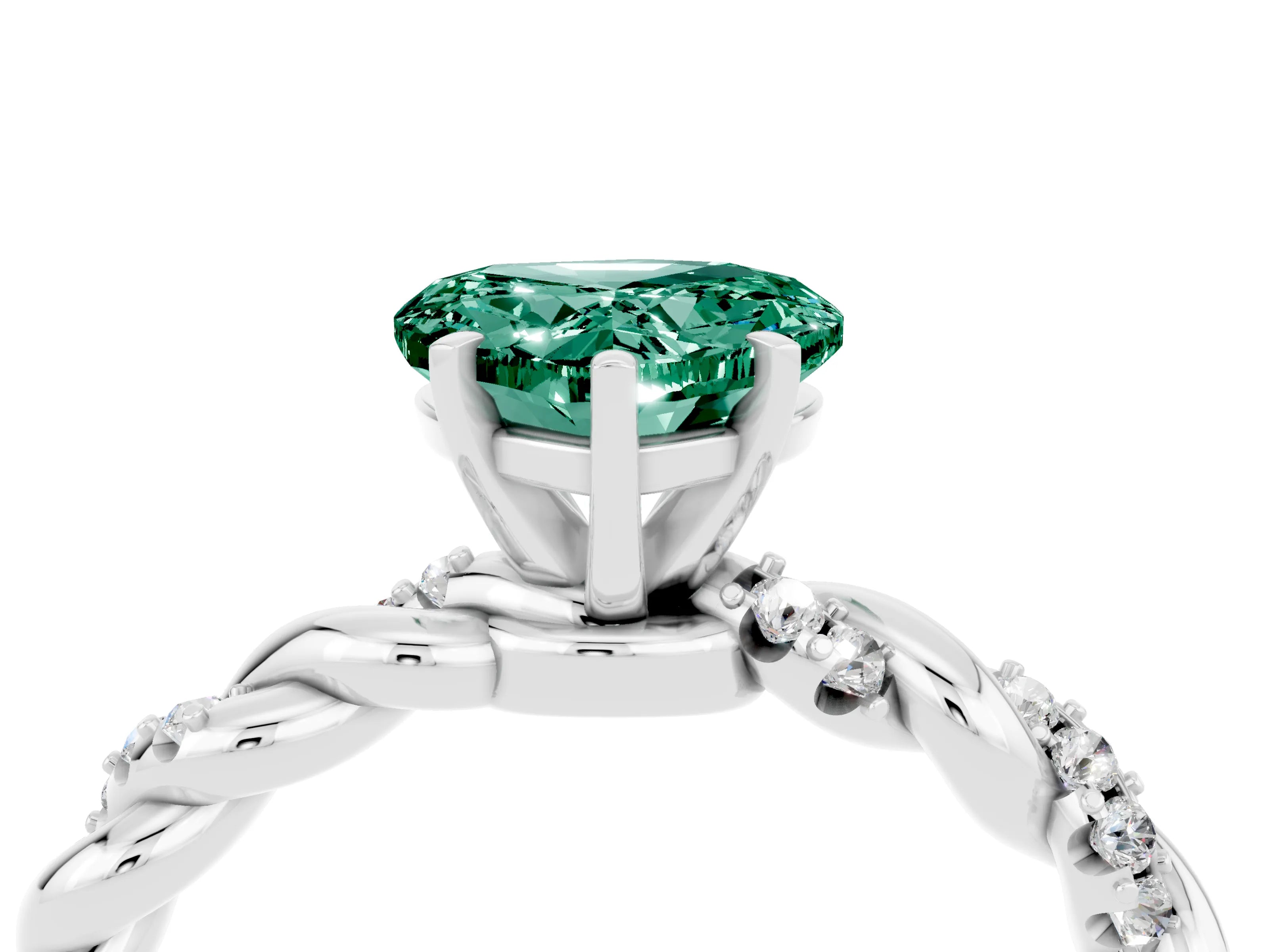 White gold Heart Cut Green Sapphire Solitaire Ring with Twisted Band and Pavé Accents_4