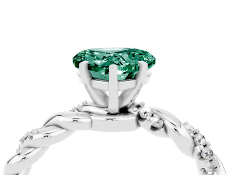 White gold Heart Cut Green Sapphire Solitaire Ring with Twisted Band and Pavé Accents_4