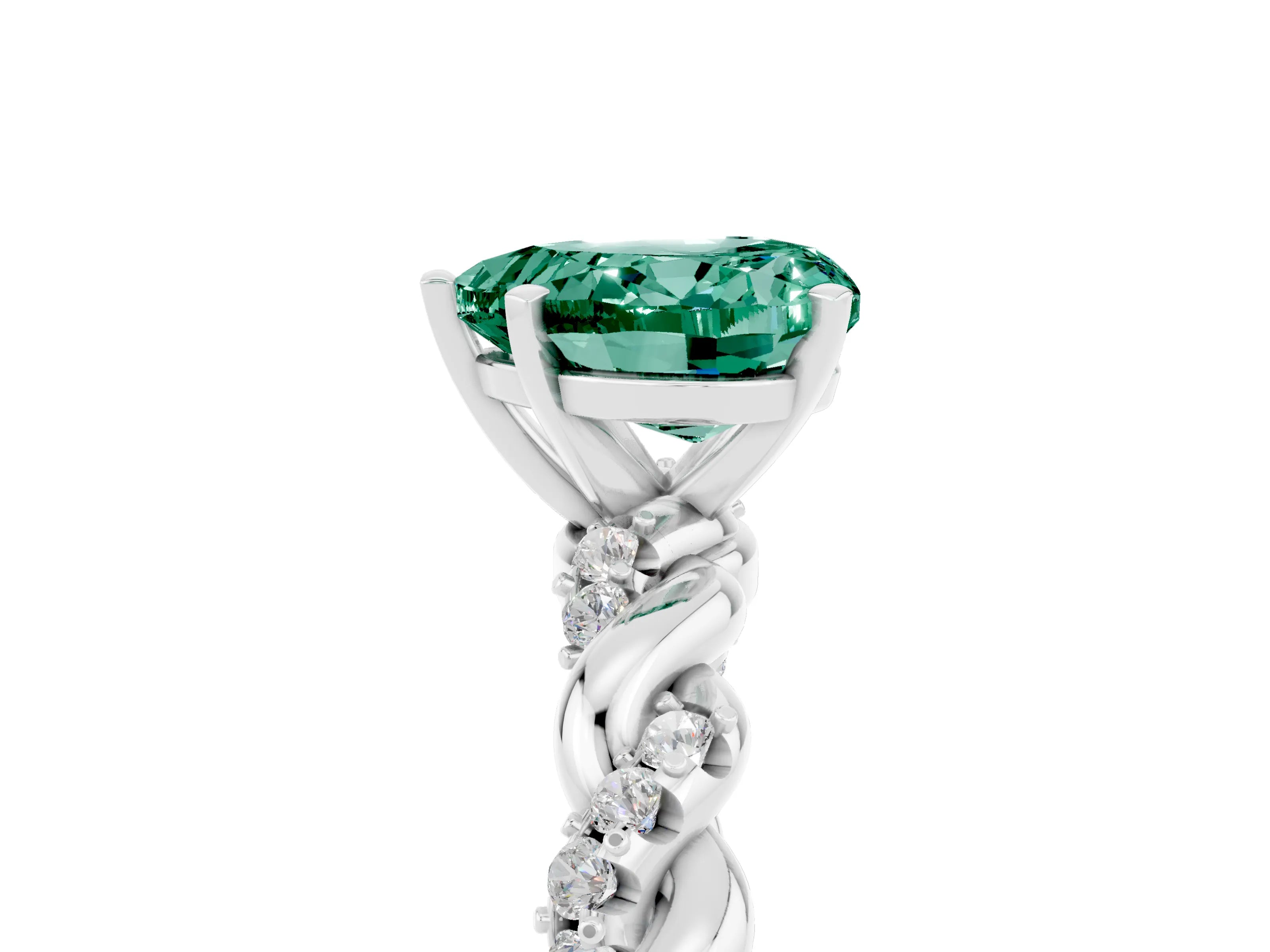 White gold Heart Cut Green Sapphire Solitaire Ring with Twisted Band and Pavé Accents_5