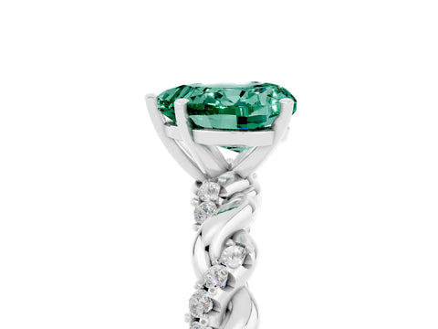 White gold Heart Cut Green Sapphire Solitaire Ring with Twisted Band and Pavé Accents_5