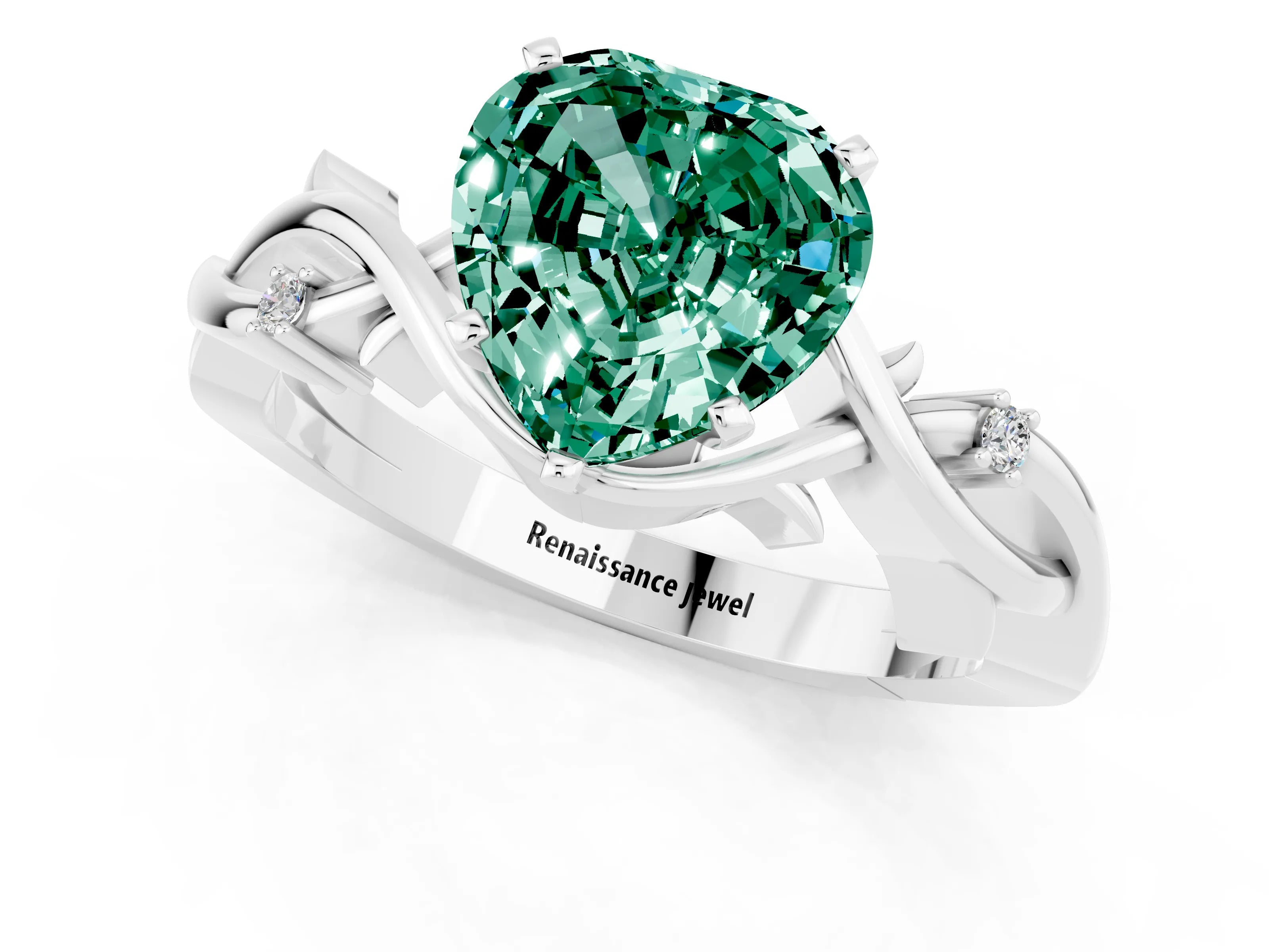 White gold Heart Cut Green Sapphire Solitaire Ring with Twisted Band and Prong Setting_1
