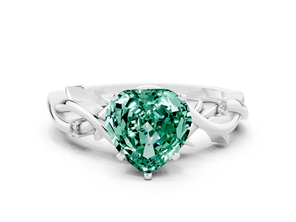 White gold Heart Cut Green Sapphire Solitaire Ring with Twisted Band and Prong Setting