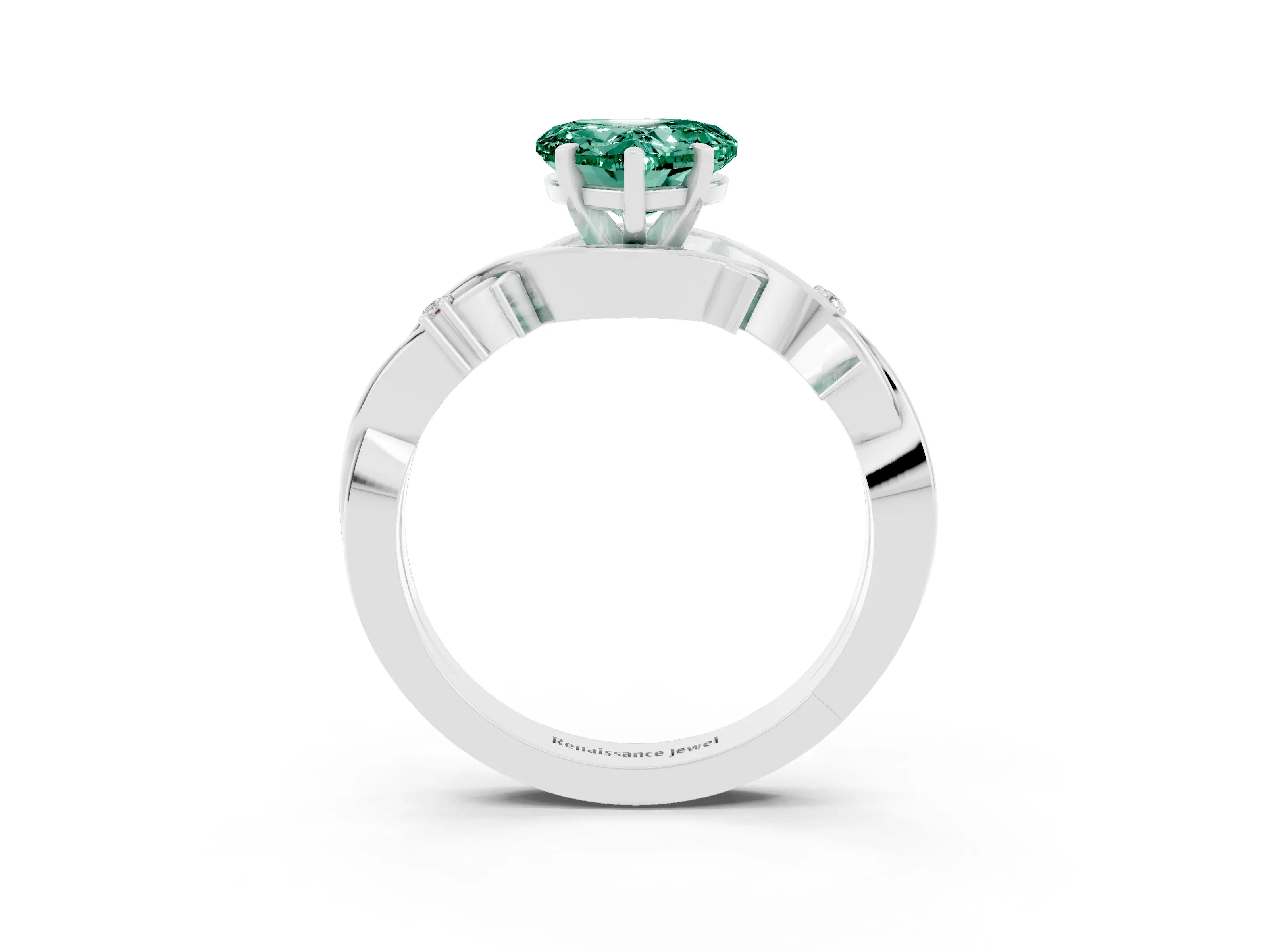 White gold Heart Cut Green Sapphire Solitaire Ring with Twisted Band and Prong Setting_15