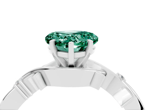 White gold Heart Cut Green Sapphire Solitaire Ring with Twisted Band and Prong Setting_16