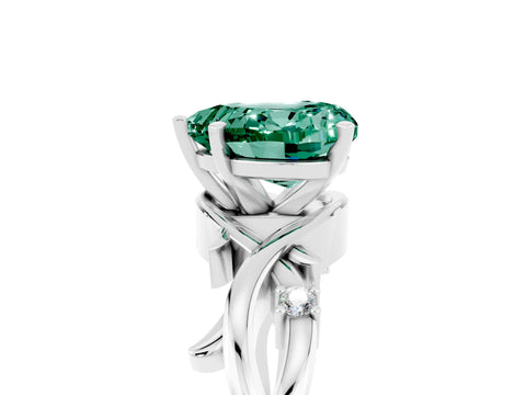 White gold Heart Cut Green Sapphire Solitaire Ring with Twisted Band and Prong Setting_17