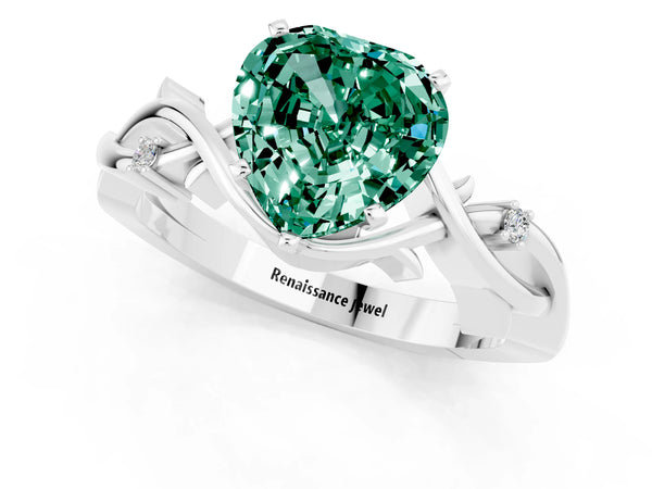 Silver Heart Cut Green Sapphire Solitaire Ring with Twisted Band and Prong Setting