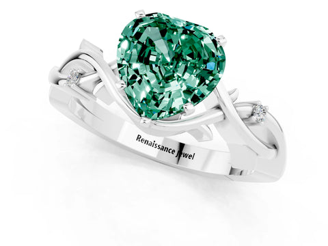 White gold Heart Cut Green Sapphire Solitaire Ring with Twisted Band and Prong Setting_1