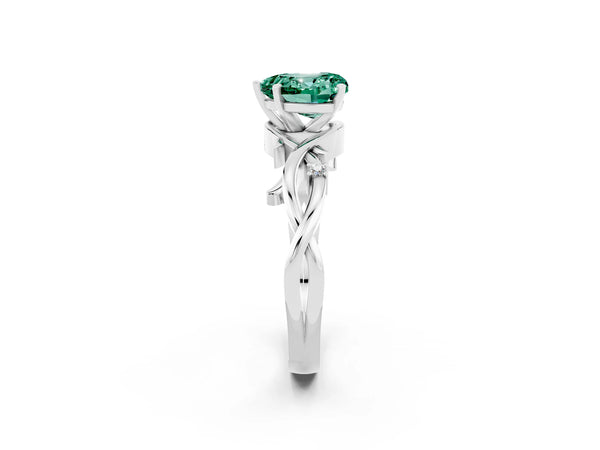 Platinum Heart Cut Green Sapphire Solitaire Ring with Twisted Band and Prong Setting