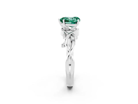 White gold Heart Cut Green Sapphire Solitaire Ring with Twisted Band and Prong Setting_2