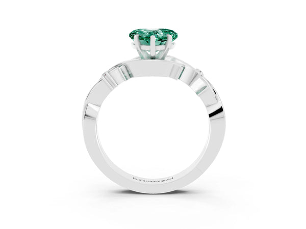 Silver Heart Cut Green Sapphire Solitaire Ring with Twisted Band and Prong Setting