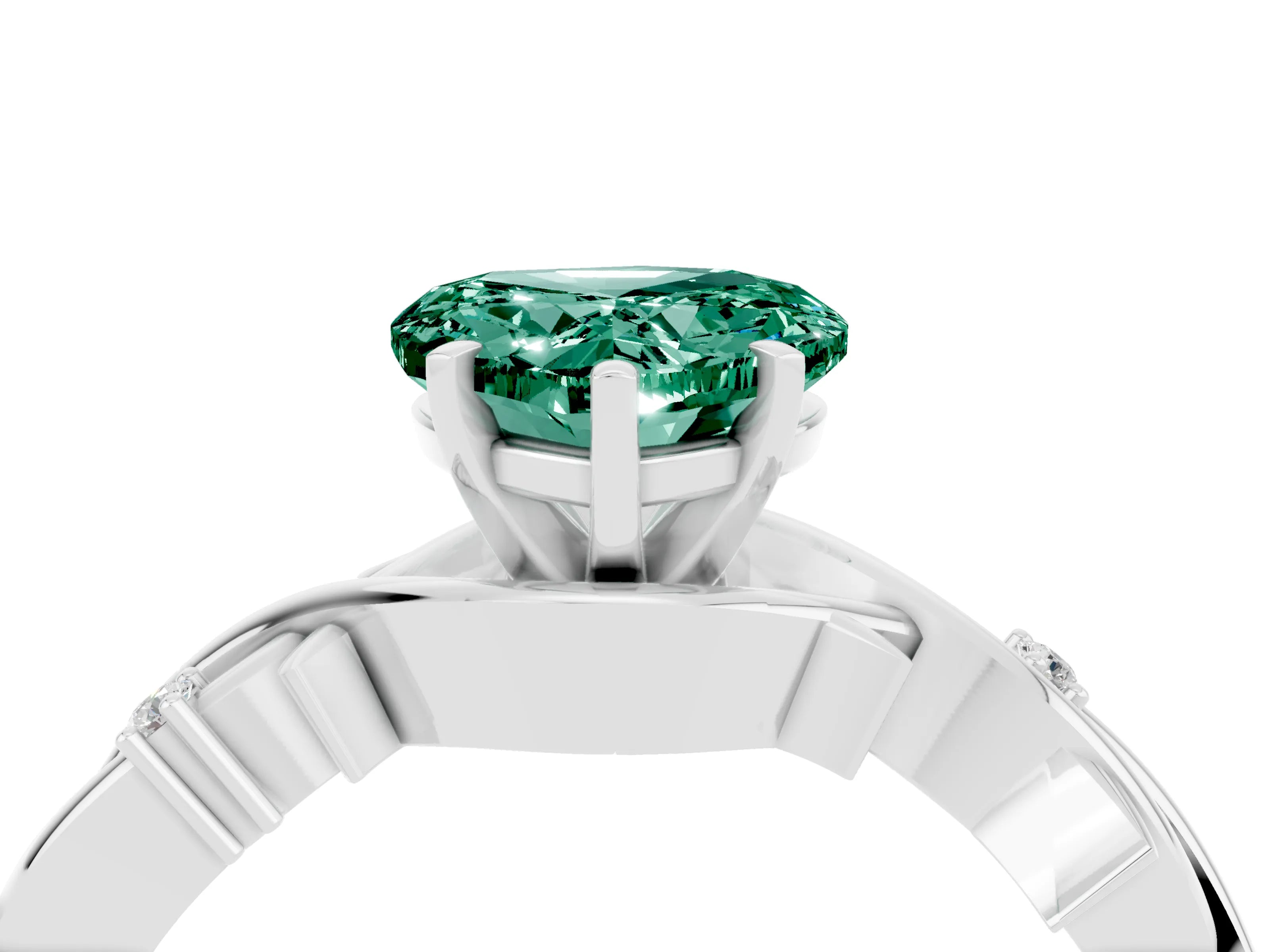 White gold Heart Cut Green Sapphire Solitaire Ring with Twisted Band and Prong Setting_4