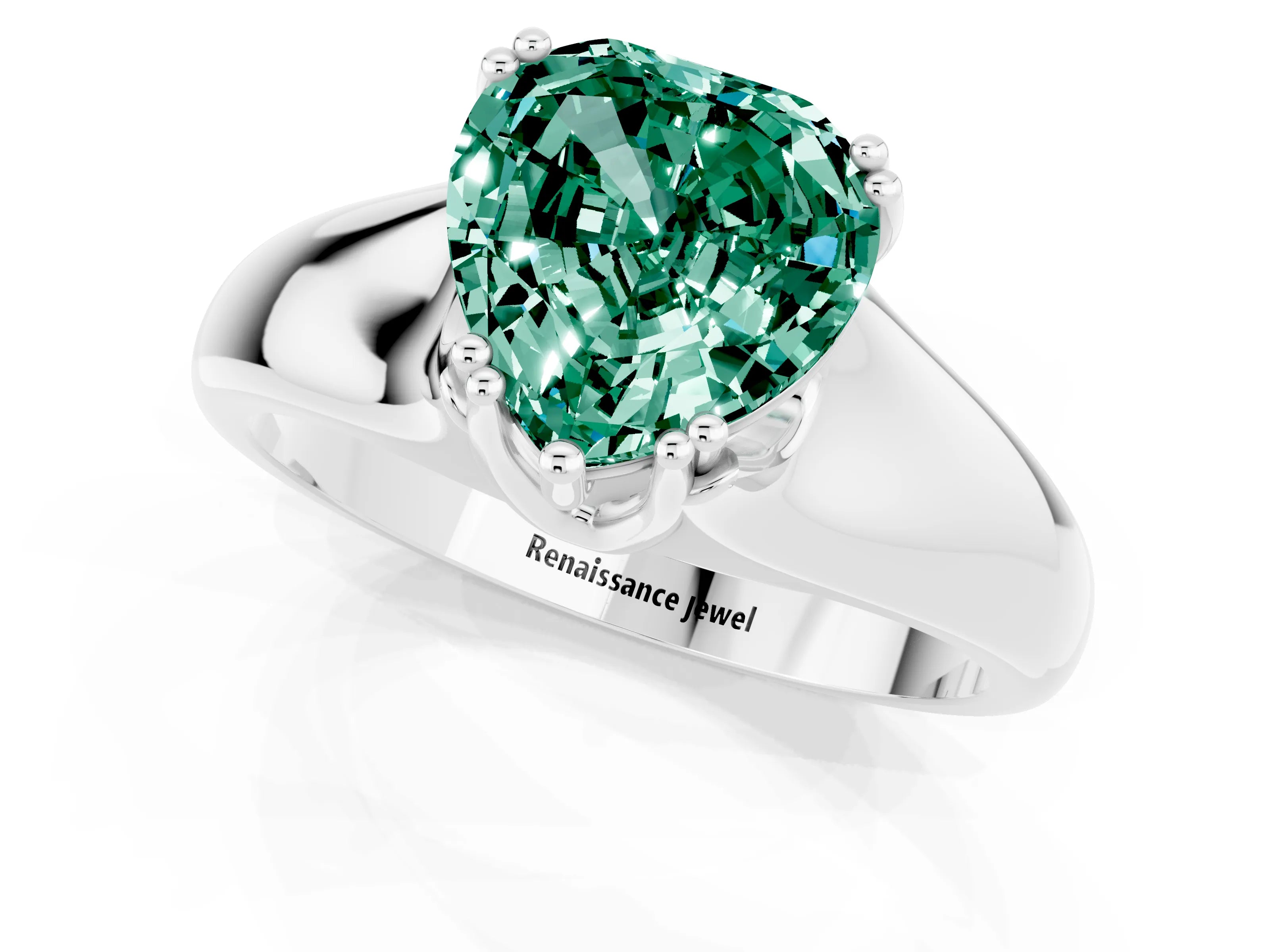 White gold Heart Cut Green Sapphire Solitaire Ring with Wide Band and Prong Setting_1