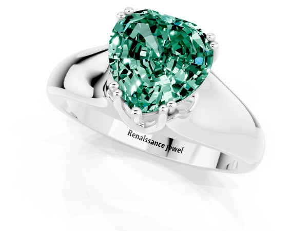 White gold Heart Cut Green Sapphire Solitaire Ring with Wide Band and Prong Setting