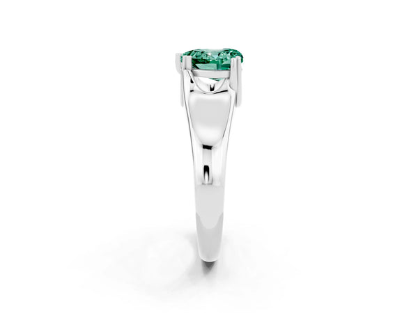 Platinum Heart Cut Green Sapphire Solitaire Ring with Wide Band and Prong Setting