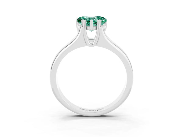 White gold Heart Cut Green Sapphire Solitaire Ring with Wide Band and Prong Setting