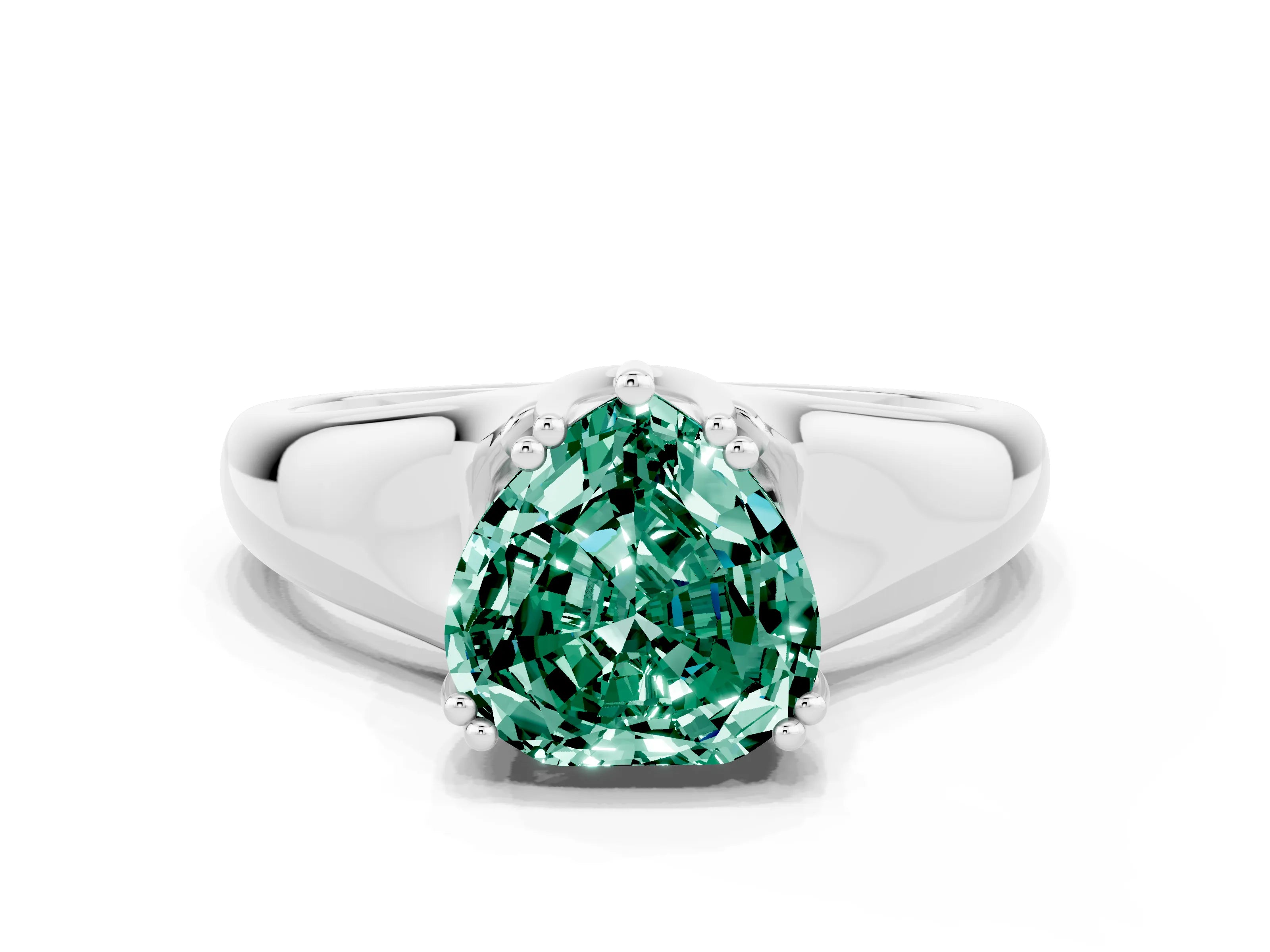 White gold Heart Cut Green Sapphire Solitaire Ring with Wide Band and Prong Setting