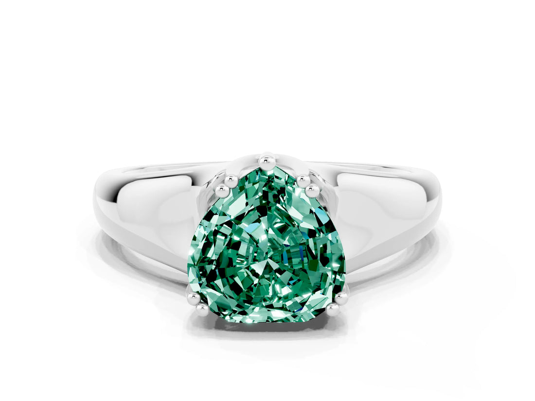 White gold Heart Cut Green Sapphire Solitaire Ring with Wide Band and Prong Setting
