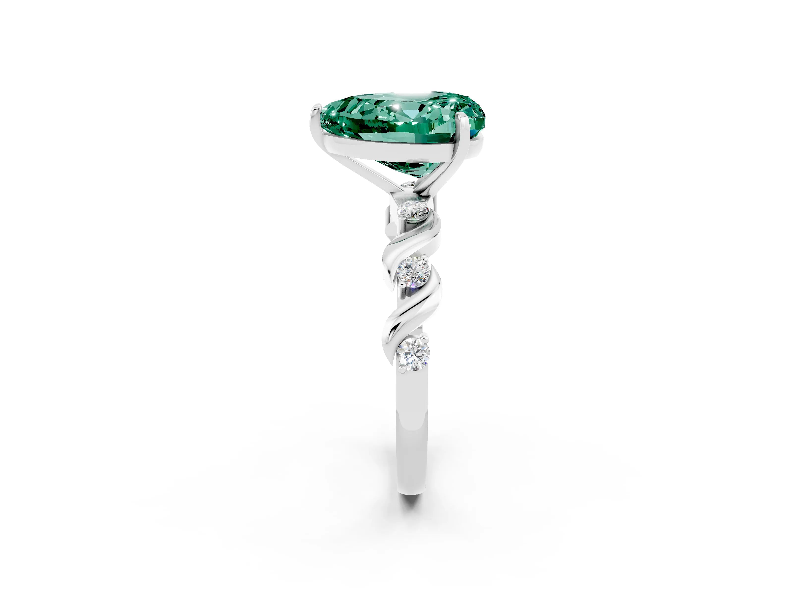 White gold Heart Cut Green Sapphire Solitaire Twisted Band with Round  Accents and Prong Setting_14