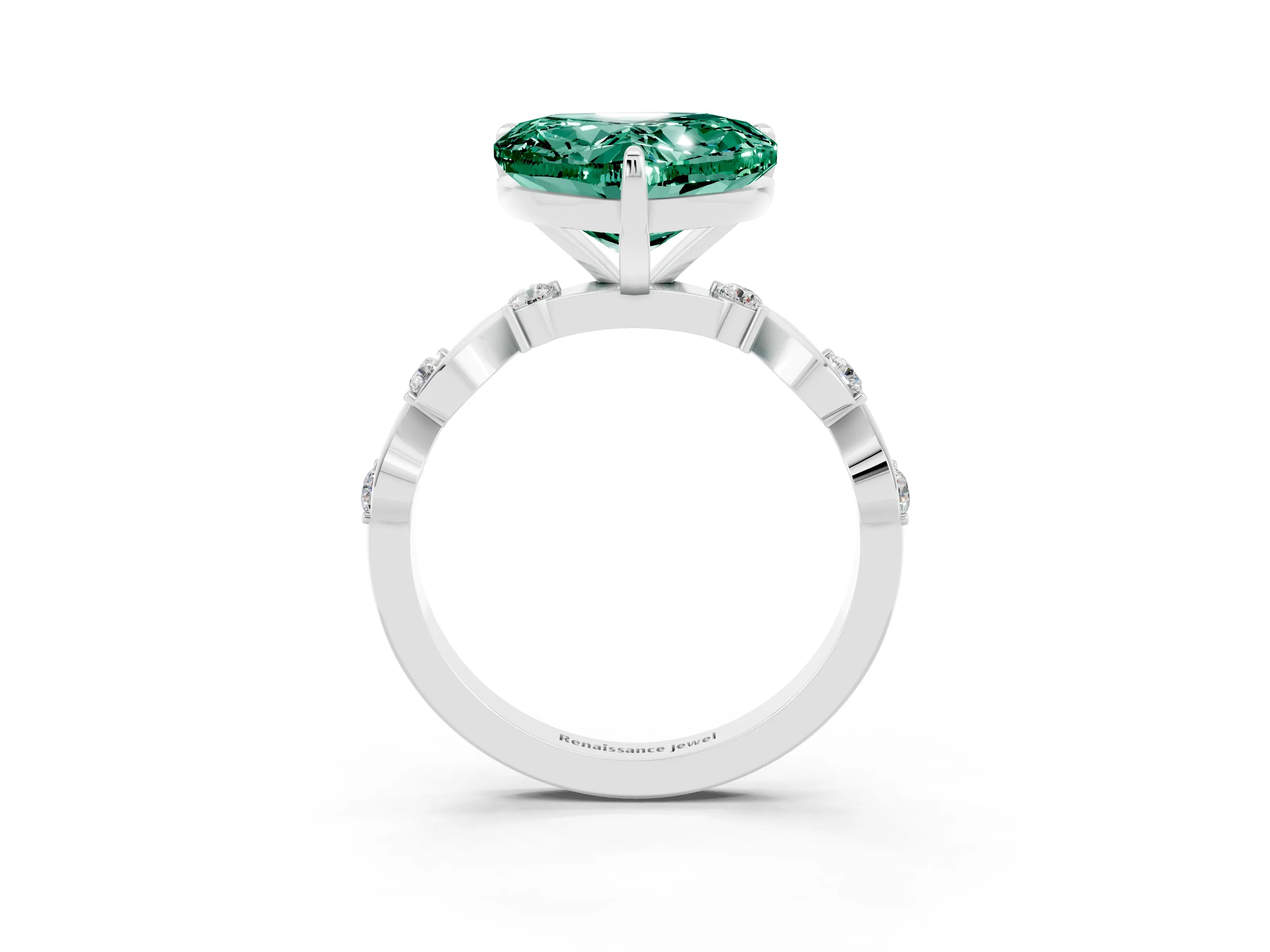 White gold Heart Cut Green Sapphire Solitaire Twisted Band with Round  Accents and Prong Setting_15