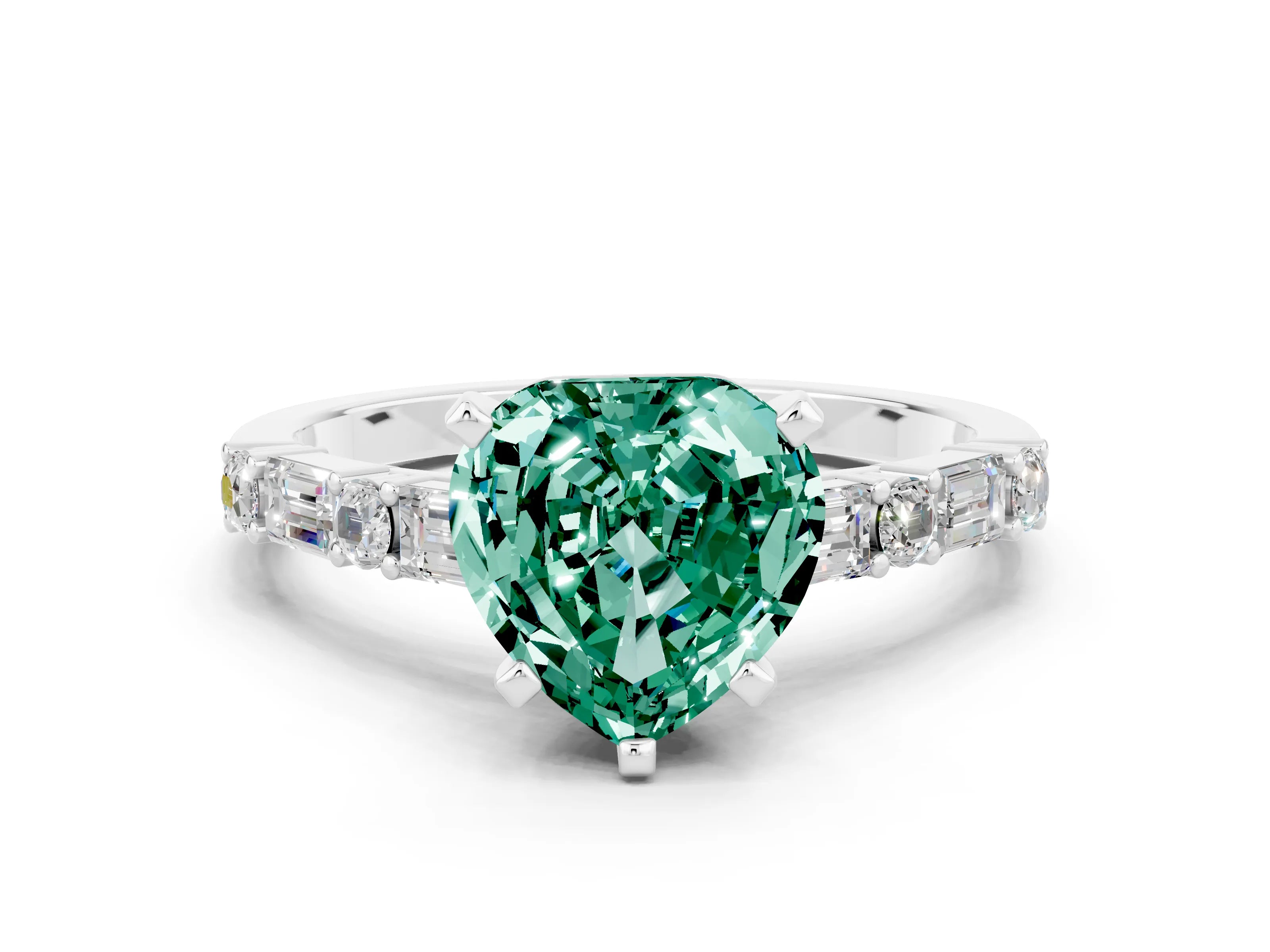 White gold Heart Cut Green Sapphire Solitaire with Side Baguettes and Channel Set Band