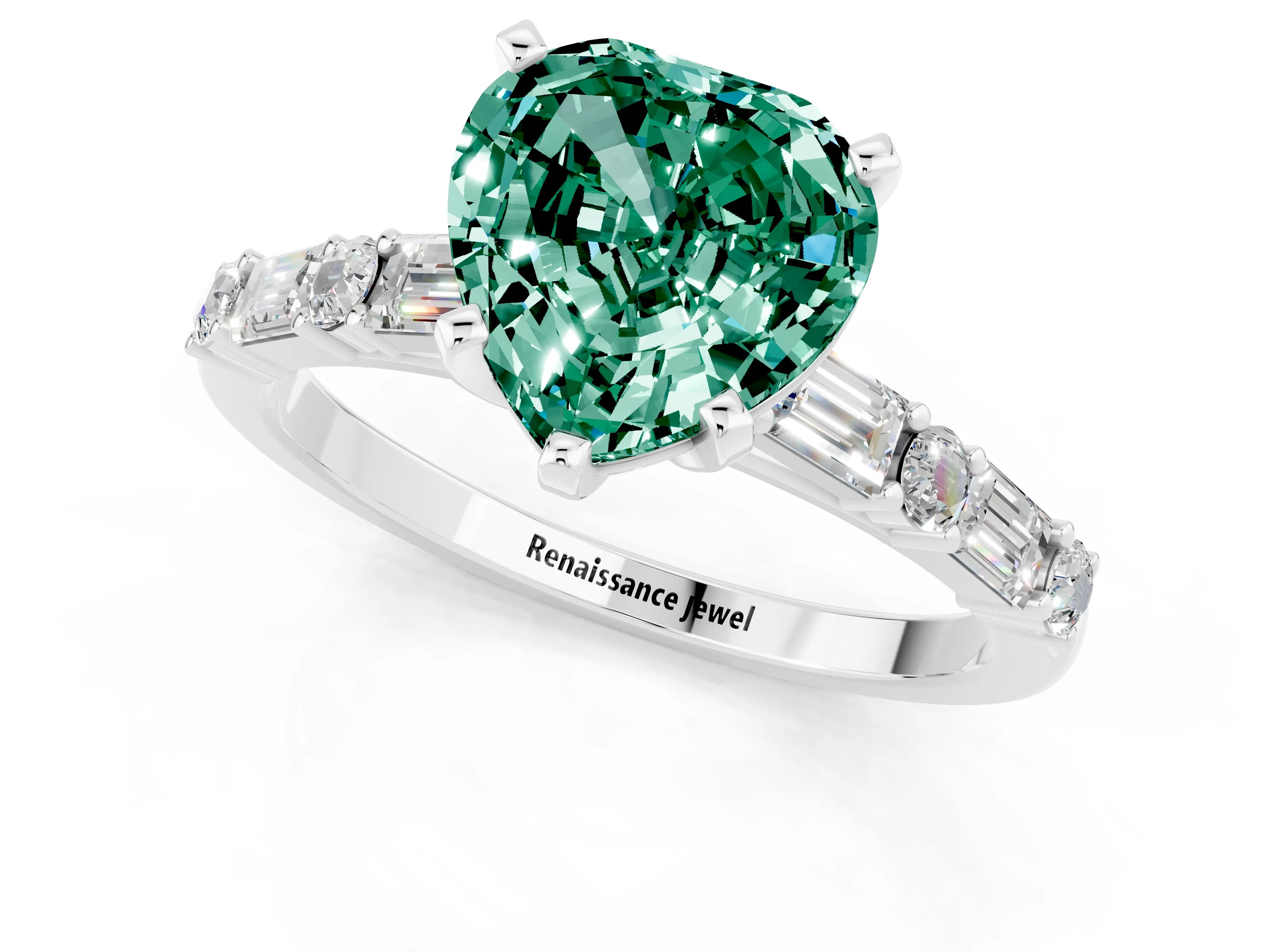 White gold Heart Cut Green Sapphire Solitaire with Side Baguettes and Channel Set Band_1