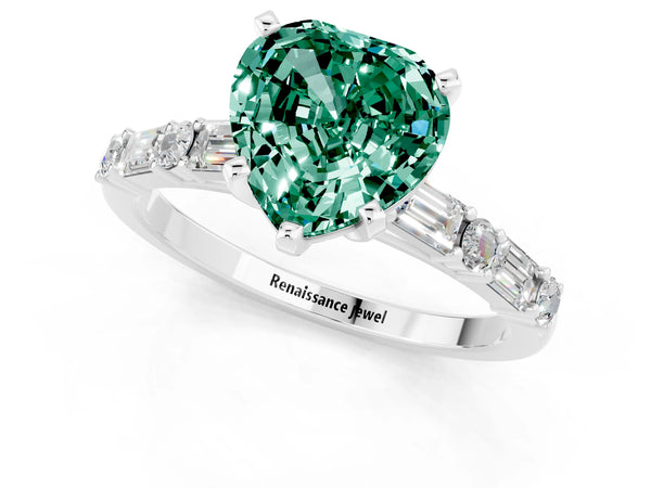 Silver Heart Cut Green Sapphire Solitaire with Side Baguettes and Channel Set Band