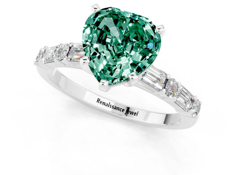 White gold Heart Cut Green Sapphire Solitaire with Side Baguettes and Channel Set Band_1